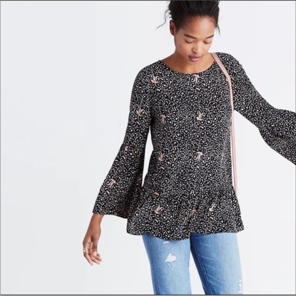 MADEWELL Silk Black Ditsy Floral Print Blouse - Picture 1 of 16